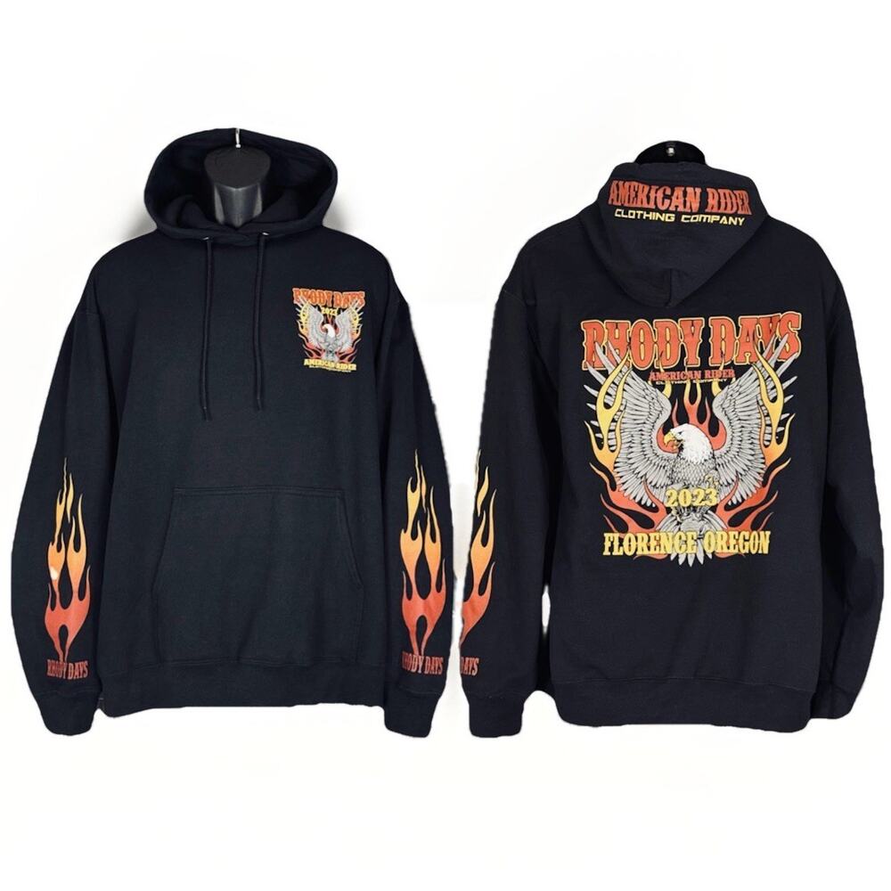 2023 Florence OR Rhody Days LG‎ Biker Black Hoodie American Riders Eagle Flames